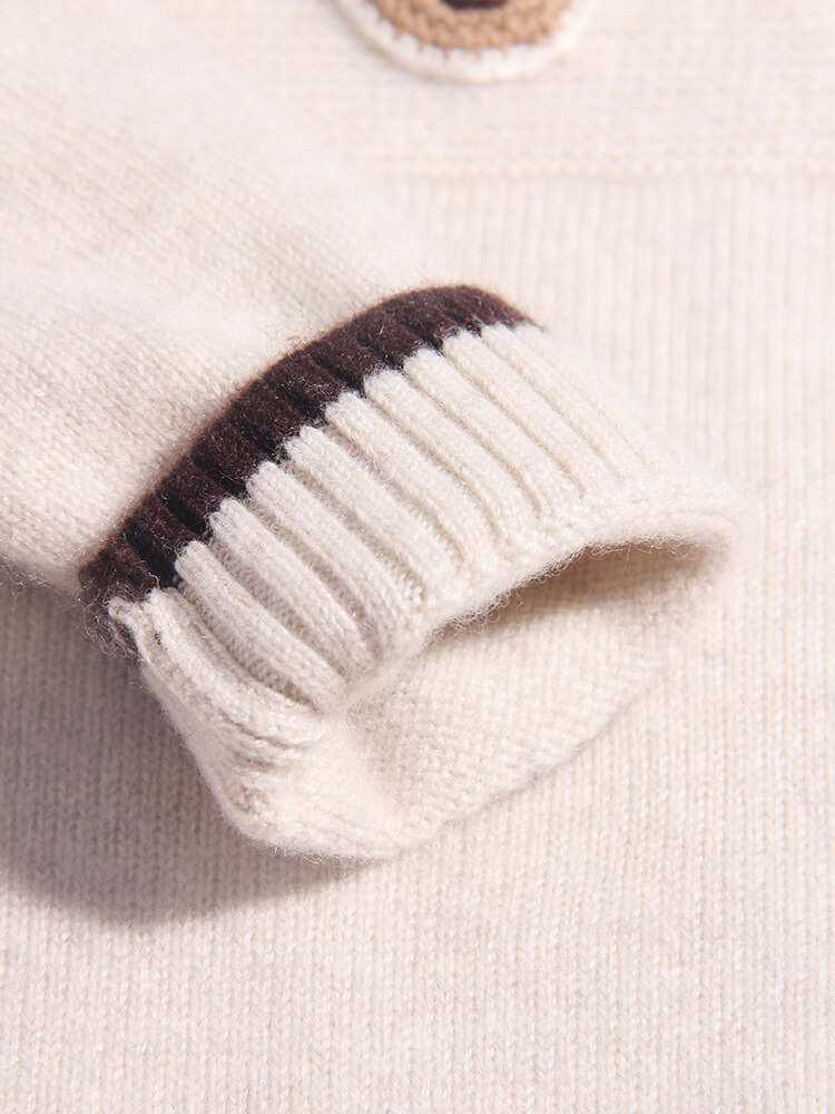 Kids Ivory Cashmere Sweater with Bear Patch and Pocket